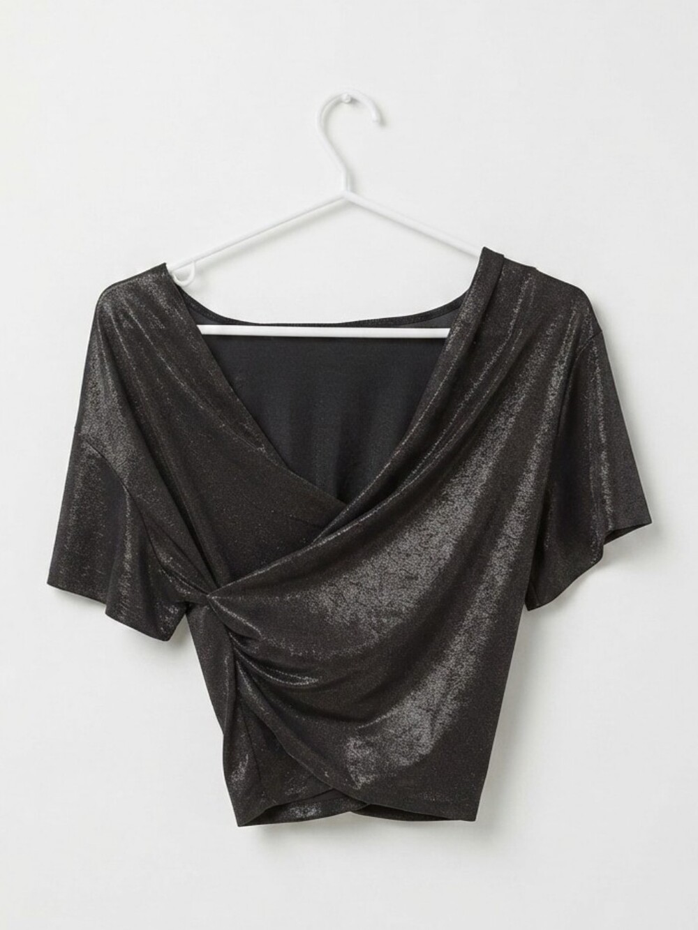 Black Metallic Shimmer Cowl Neck Twist-Front Crop Top  Size Small